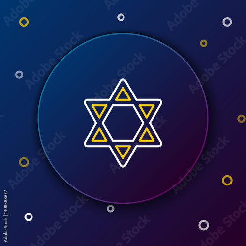 White and yellow line Star of David icon isolated on dark blue background. Jewish religion symbol. Symbol of Israel. Colorful outline concept. Vector Illustration