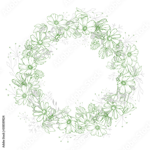 Floral wreath with cute green outline flowers and leaves on white background. Place for text. Hand drawn.Round frame for your design  greeting cards  wedding invitations. Floral stock illustration.