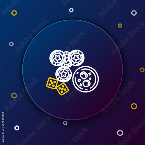 White and yellow line Casino chips, game dice and glass of whiskey with ice cubes icon isolated on dark blue background. Casino poker. Colorful outline concept. Vector Illustration