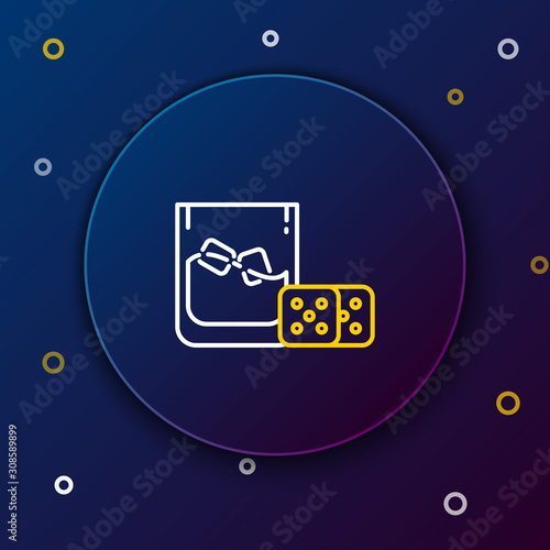 White and yellow line Game dice and glass of whiskey with ice cubes icon isolated on dark blue background. Casino gambling. Colorful outline concept. Vector Illustration