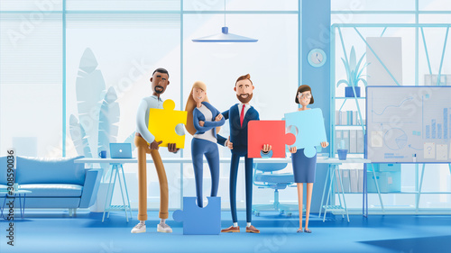 People connecting puzzle elements. 3d illustration.  Cartoon characters. Business teamwork concept on white background. photo