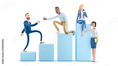 Fototapeta Naklejka Na Ścianę i Meble -  Career Ladder with Characters. 3d illustration.  Cartoon characters. Business teamwork concept. 