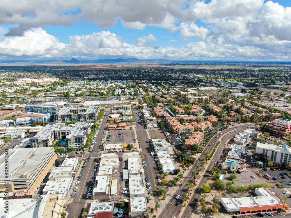 Fototapeta premium Aerial view of Scottsdale desert city in Arizona east of state capital Phoenix. Downtown's Old Town Scottsdale