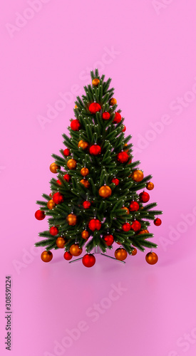 christmas tree with adornments on pink background 3d render