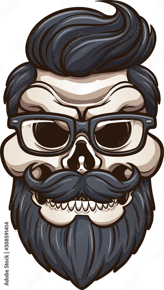 Angry cartoon hipster skull with mustache, beard and glasses clip art.  Vector illustration with simple gradients. All in single layer. Stock  Vector | Adobe Stock