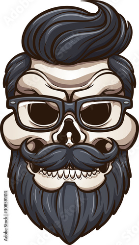 Angry cartoon hipster skull with mustache, beard and glasses clip art. Vector illustration with simple gradients. All in single layer. 