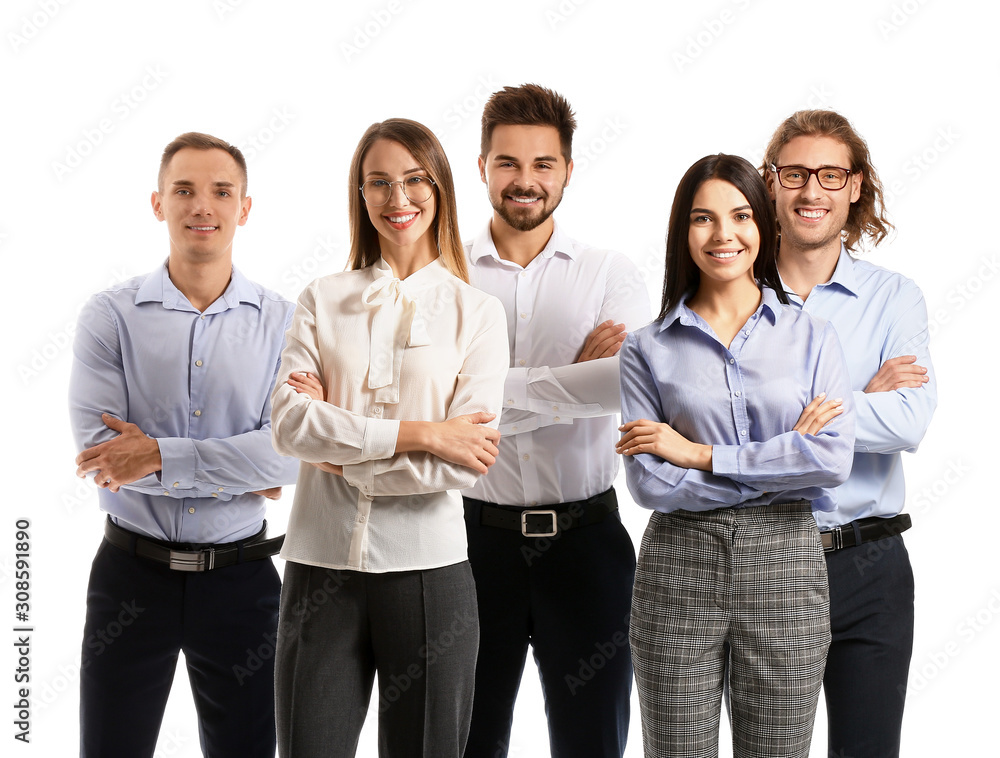Group of friends in formal clothes on white background
