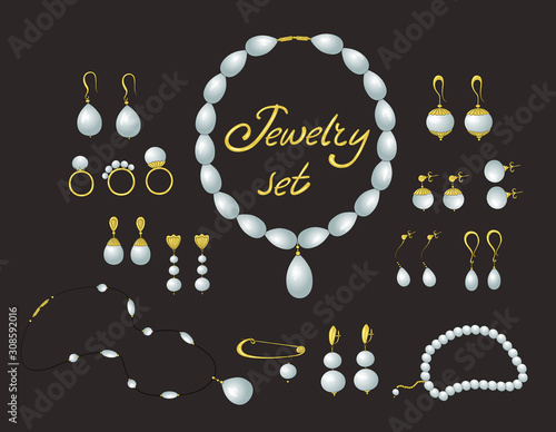 Jewelry set. Gold and pearls jewelry isolated, bijouterie, jewellery. Earring, ring, bracelet.
