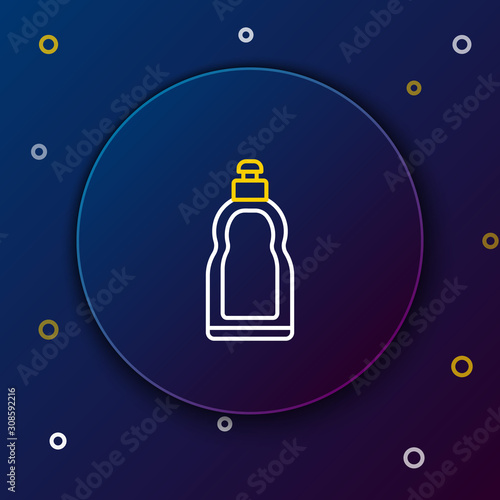 White and yellow line Plastic bottle for liquid laundry detergent, bleach, dishwashing liquid or another cleaning agent icon on dark blue background. Colorful outline concept. Vector Illustration