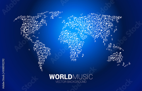 Vector world map from music melody note dancing flow. Concept background for world song and concert theme.