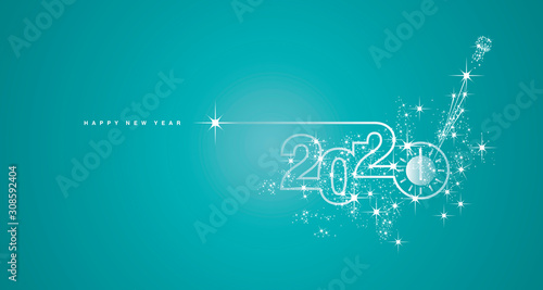 New Year 2020 line design clock countdown with sparkle firework white trendy sea green greeting card