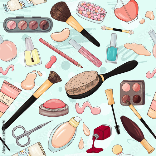  Make up product seamless pattern. Beuty tools, eye shadows, lipstick, cream, face care texture.