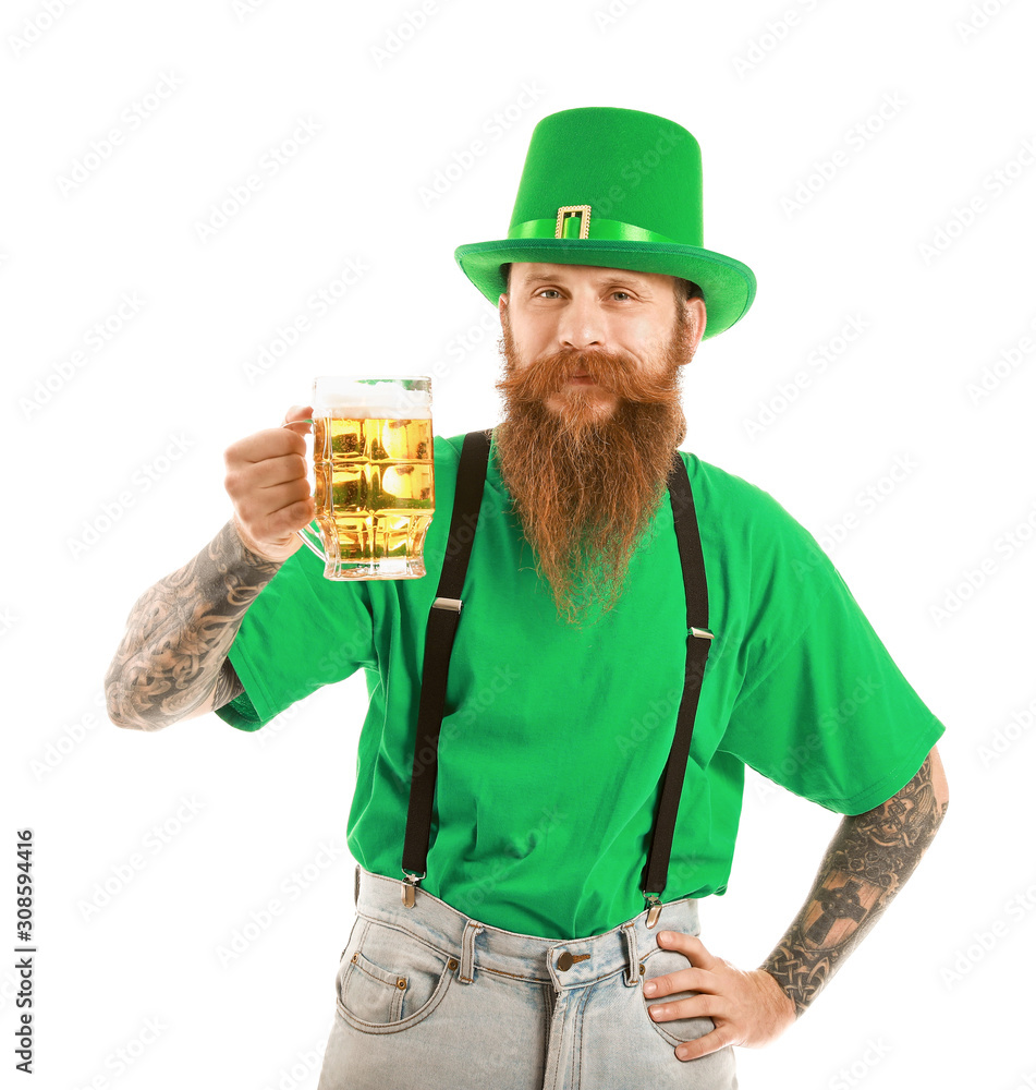 Bearded man with glass of beer on white background. St. Patrick's Day celebration Bearded man with glass of beer on white background. St. Patrick's Day celebration