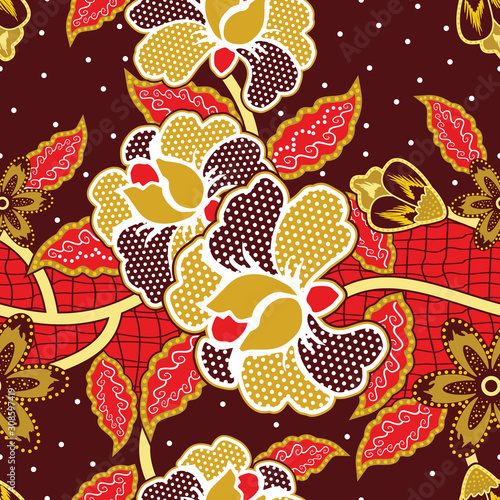 Seamless pattern with floral vector Illustration, Indonesian batik motif © Deni