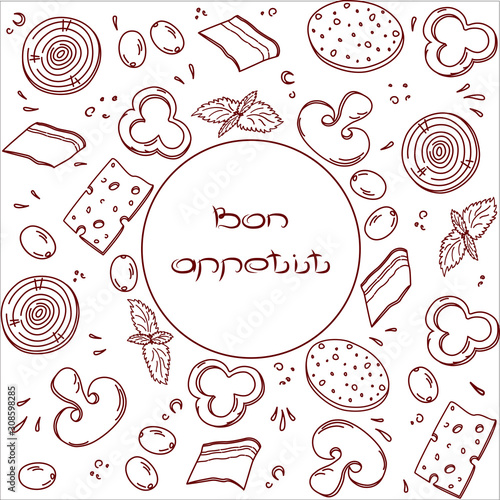Bon, appetit, tasty set ingredients or toppings for Italian pizza, cut into slices or pieces, drawing or sketchy style of tasty pizza with vegetables. Fresh pizza with meat and veggies, vector