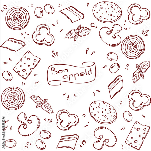 Bon, appetit, tasty set ingredients or toppings for Italian pizza, cut into slices or pieces, drawing or sketchy style of tasty pizza with vegetables. Fresh pizza with meat and veggies, vector