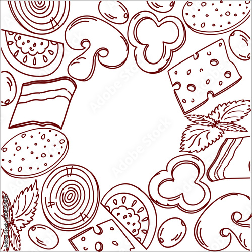 Bon, appetit, tasty set ingredients or toppings for Italian pizza, cut into slices or pieces, drawing or sketchy style of tasty pizza with vegetables. Fresh pizza with meat and veggies, vector