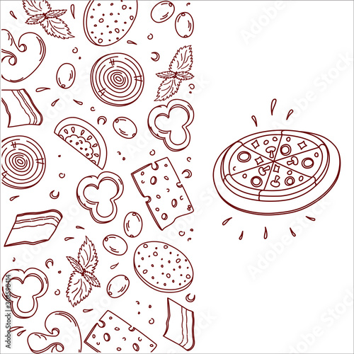 Bon, appetit, tasty set ingredients or toppings for Italian pizza, cut into slices or pieces, drawing or sketchy style of tasty pizza with vegetables. Fresh pizza with meat and veggies, vector