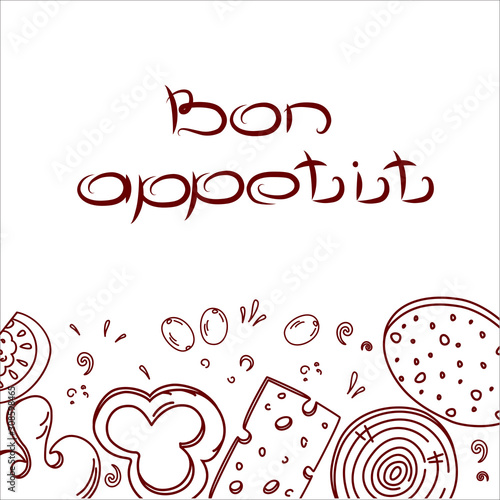 Bon, appetit, tasty set ingredients or toppings for Italian pizza, cut into slices or pieces, drawing or sketchy style of tasty pizza with vegetables. Fresh pizza with meat and veggies, vector