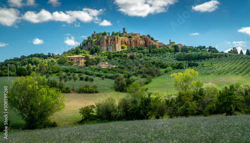 Orvieto, Umbria Italy. Scenic view on ancient city of Orvieto. It is situated on the flat summit of a large butte of volcanic tuff. Surrounded by beautyful meadows with olive and cypress trees. photo
