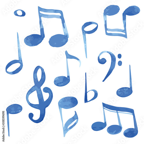 Watercolor vector illustration blue music notes and keys pattern set
