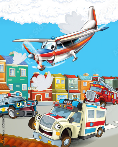 cartoon scene in the city with happy ambulance police and fireman driving through the city and plane is flying - illustration for children