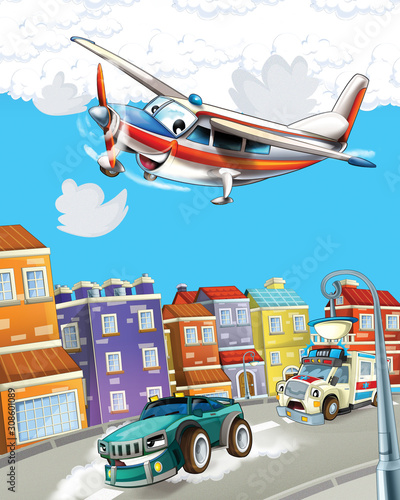 cartoon scene in the city with happy ambulance driving through the city and plane is flying - illustration for children