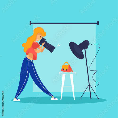 Woman photographer taking picture of fashionable female handbag in photo studio. Advertising fashion photographer at work concept. Vector illustration.