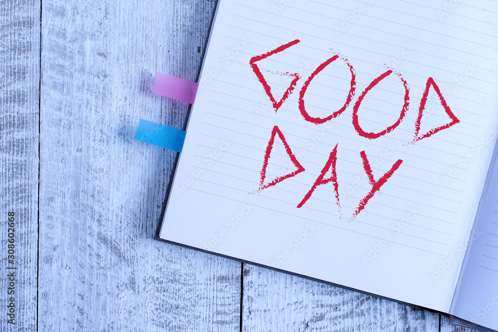 Writing note showing Good Day. Business concept for Enjoying the moment with great weather Having lots of fun Notebook stationary placed above classic wooden backdrop Writing note showing Good Day. Business concept for Enjoying the moment with great weather Having lots of fun Notebook stationary placed above classic wooden backdrop