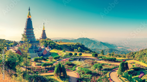 Landscape of two pagoda at the Inthanon mountain at sunset, Chiang Mai, Thailand.Inthanon mountain is the highest mountain in Thailand. © Konstantin