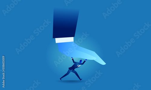 Business work concept illustration about hard work and pressure. Businessman versus big hand businessman try to stop pressing