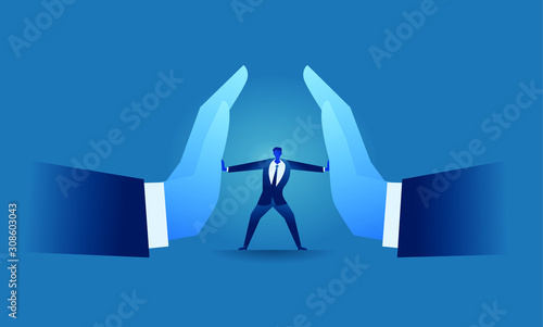 Business work concept illustration about hard work and pressure. Businessman versus big hand businessman try to stop pressing