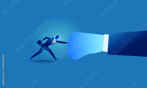 Business work concept illustration about hard work and pressure. Businessman versus big hand businessman try to stop pressing