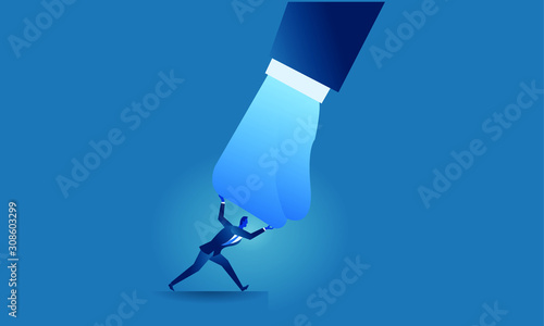 Business work concept illustration about hard work and pressure. Businessman versus big hand businessman try to stop pressing