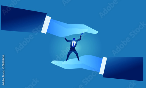 Business work concept illustration about hard work and pressure. Businessman versus big hand businessman try to stop pressing