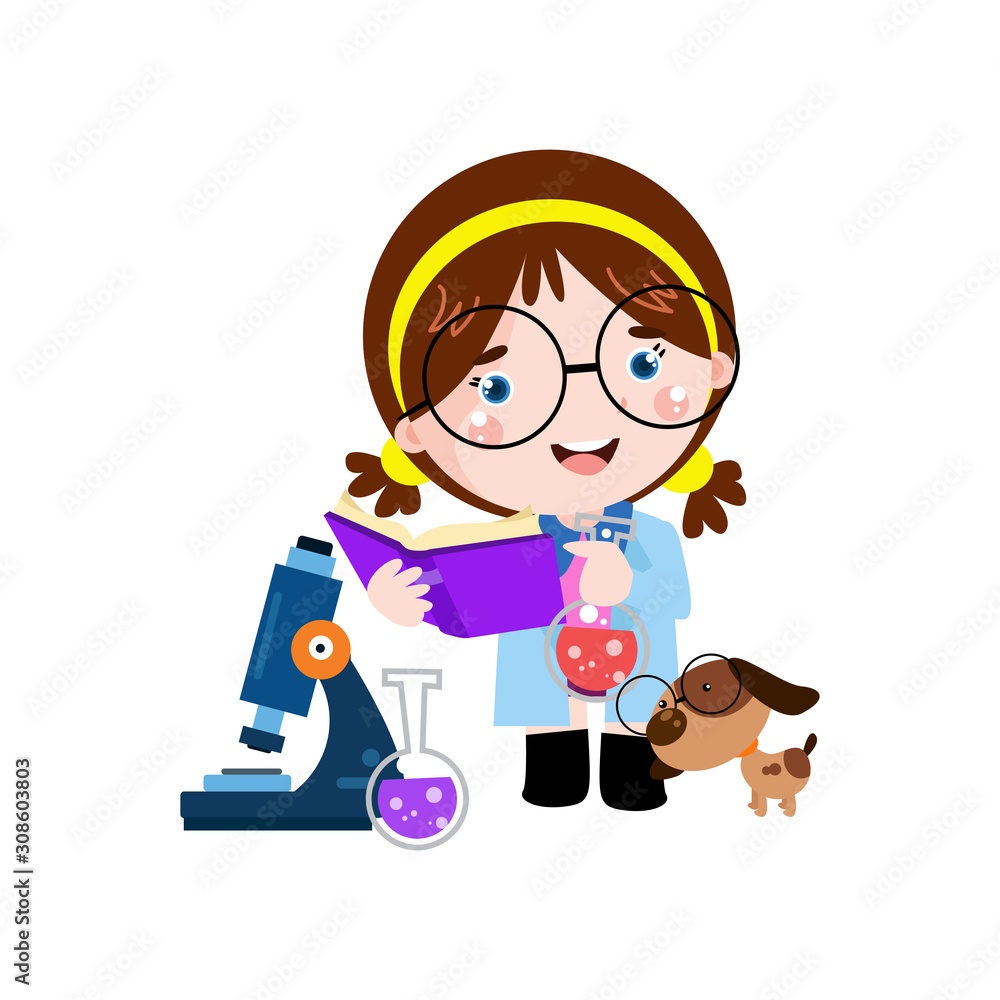 Little girl learns with dog Cartoon Vector Template Design Illustration Little girl learns with dog Cartoon Vector Template Design Illustration
