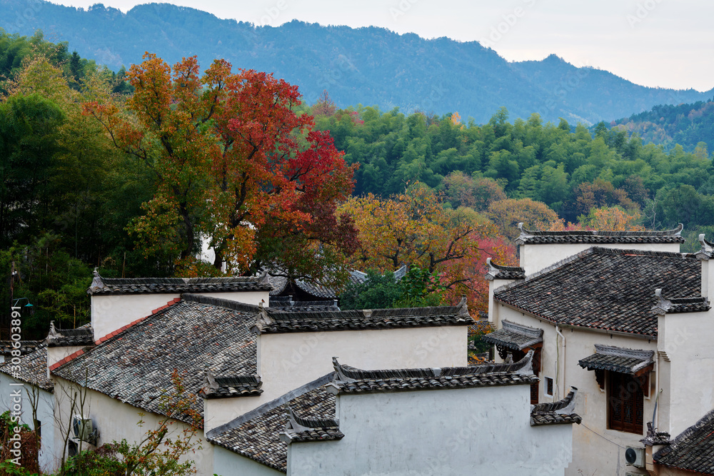 Fototapeta premium Hui-style architectures in fall forest on the hillside of China.