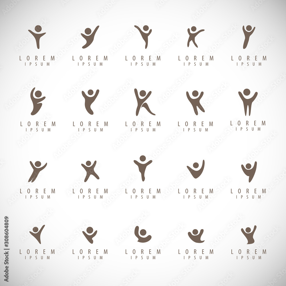 Abstract People Logo Set. Human Figure Isolated On Gray Background. Icons Collection For Human Success, Celebration Logo, Achievement Symbol And Activity. Different Happy People. Figure Logo, Vector Abstract People Logo Set. Human Figure Isolated On Gray Background. Icons Collection For Human Success, Celebration Logo, Achievement Symbol And Activity. Different Happy People. Figure Logo, Vector