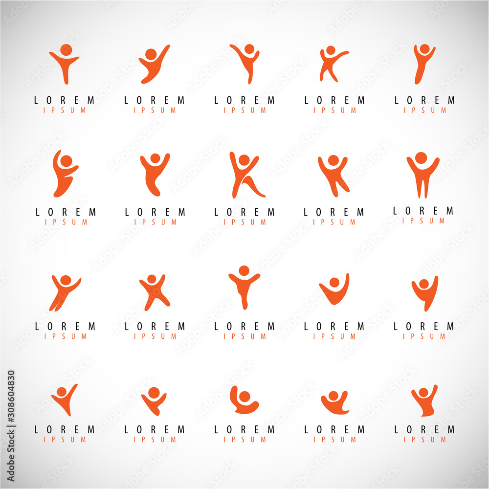 Obraz premium Abstract People Logo Set. Human Figure Isolated On Gray Background. Icons Collection For Human Success, Celebration Logo, Achievement Symbol And Activity. Different Happy People. Figure Logo, Vector