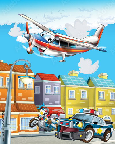 cartoon scene with police car driving through the city and emergency plane flying - illustration for children