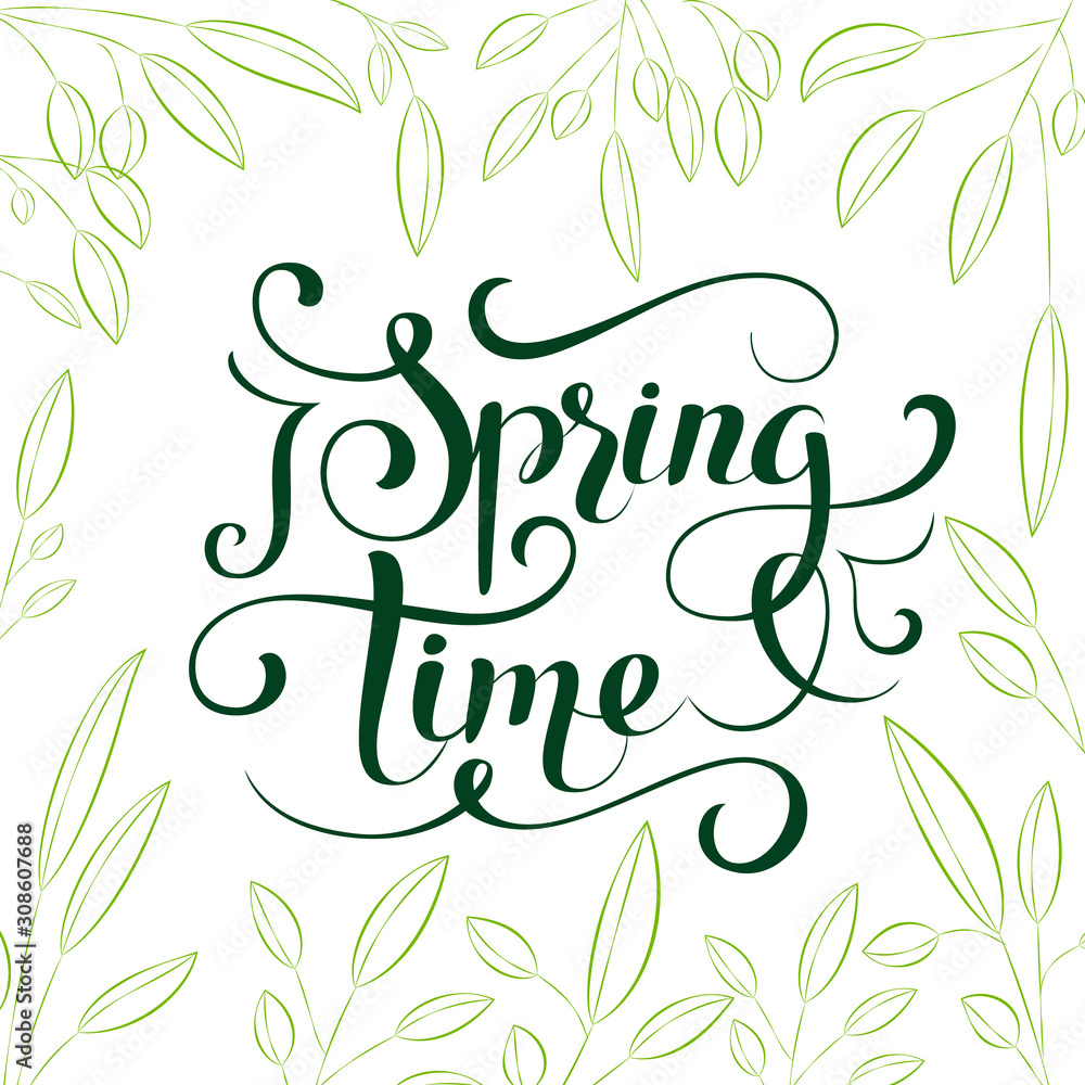 Floral frame with text. Romantic greeting card. Spring time wording with hand drawn flowers and watercolor spots on white background. Floral frame with text. Romantic greeting card. Spring time wording with hand drawn flowers and watercolor spots on white background.