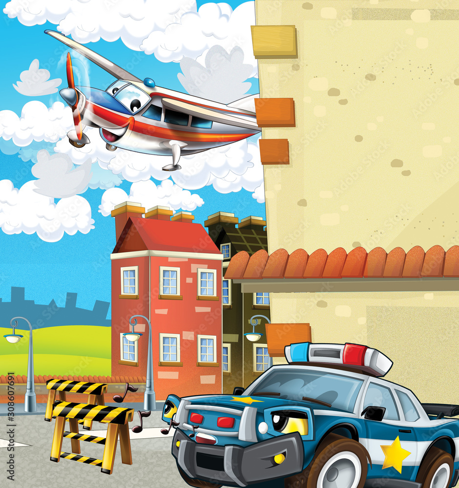 cartoon scene with police car driving through the city and emergency plane flying - illustration for children