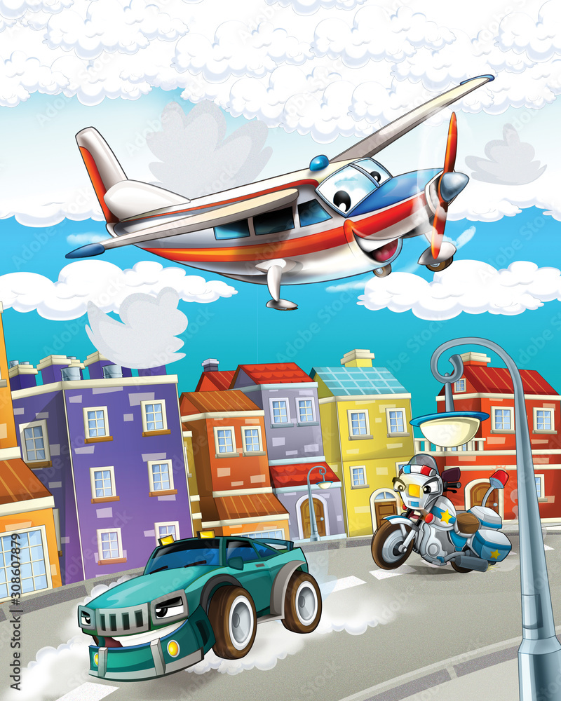 Fototapeta premium cartoon scene with police car driving through the city and emergency plane flying - illustration for children