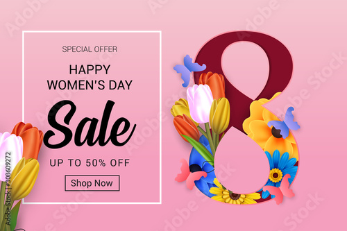 happy women's day sale banner on pink background with 8 and flower concept design vector illustration