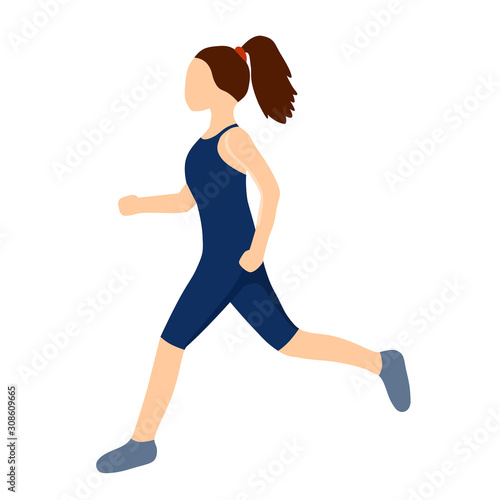 Young woman runs. Vector illustration. Woman dressed in sportswear runs a marathon. Flat character isolated on white background.