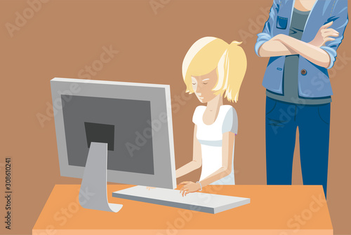 Teenager girl on computer with the parent behind, parental control.