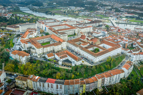 Aerial panorama of Coimbra town and university in Portugal