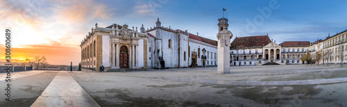 Sunset panorama of the Biblioteca Joanina world famous Baroque university library in Coimbra Portugal, clock tower and royal palace and Chapel photo