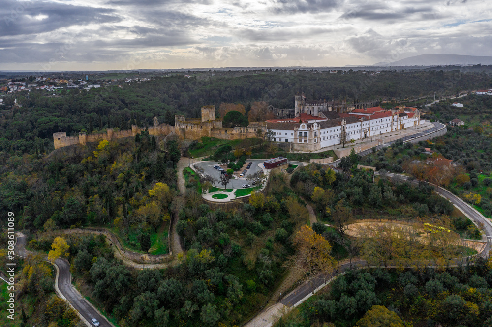 Aerial view of Tomar castle and convent on a winter afternoon in Portugal