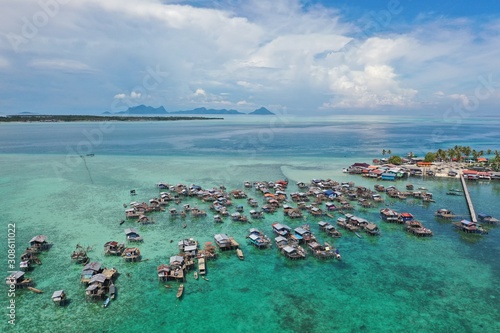 Aerial view of sea gypsy water village in Omadal Sipadan island, Semporna, Sabah, Malaysia.